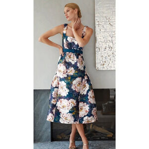 NWT NEW Kay Unger Womens 4 Navy Floral Lydia Tea Length Cocktail Party Dress